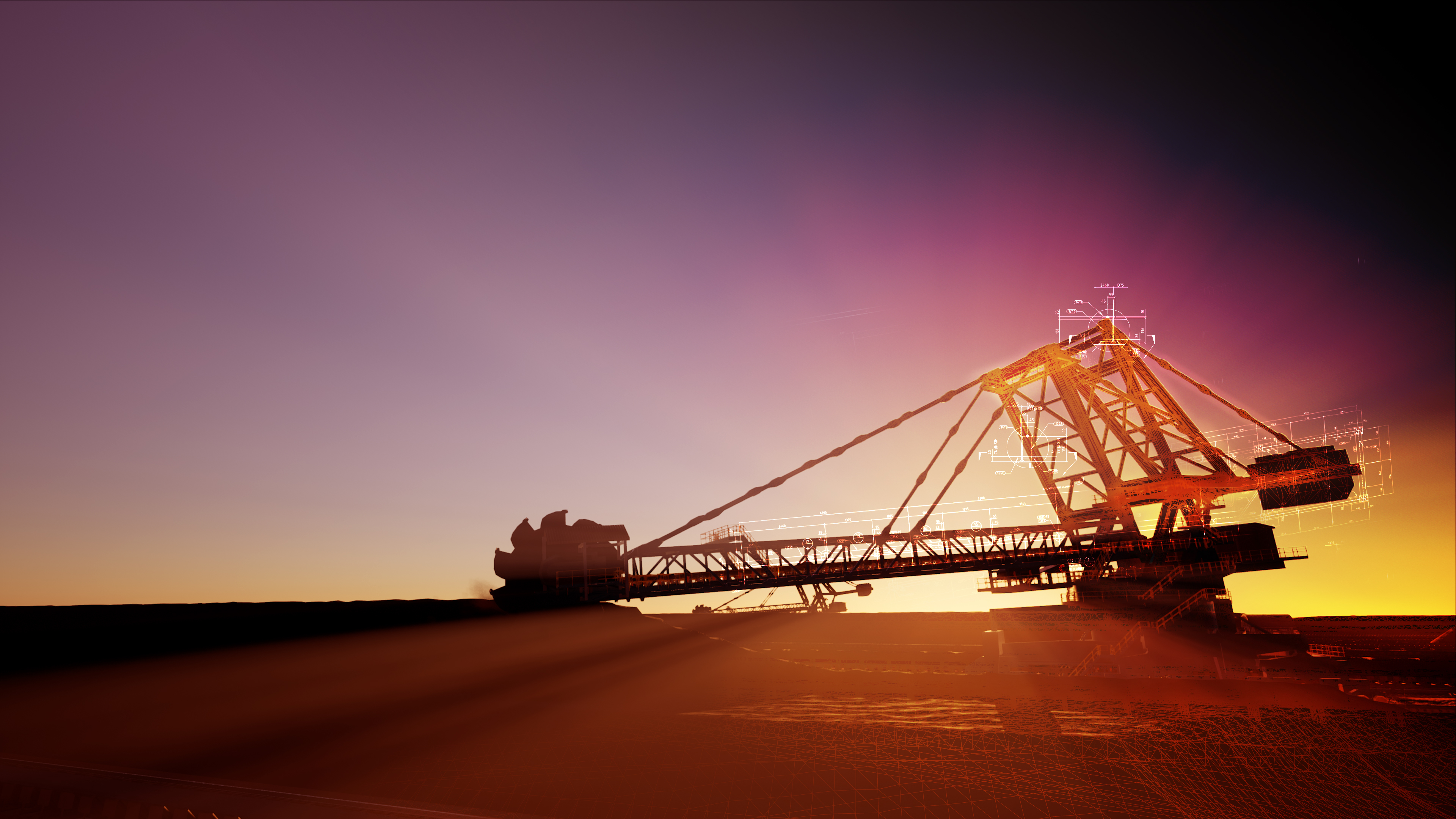 Industrial Reclaimer at Sunset with Technical Annotations